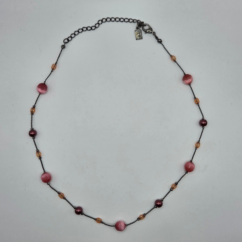 Anne Klein AK Pink Burgundy Orange Faceted Bead Gunmetal Station Necklace 18"
